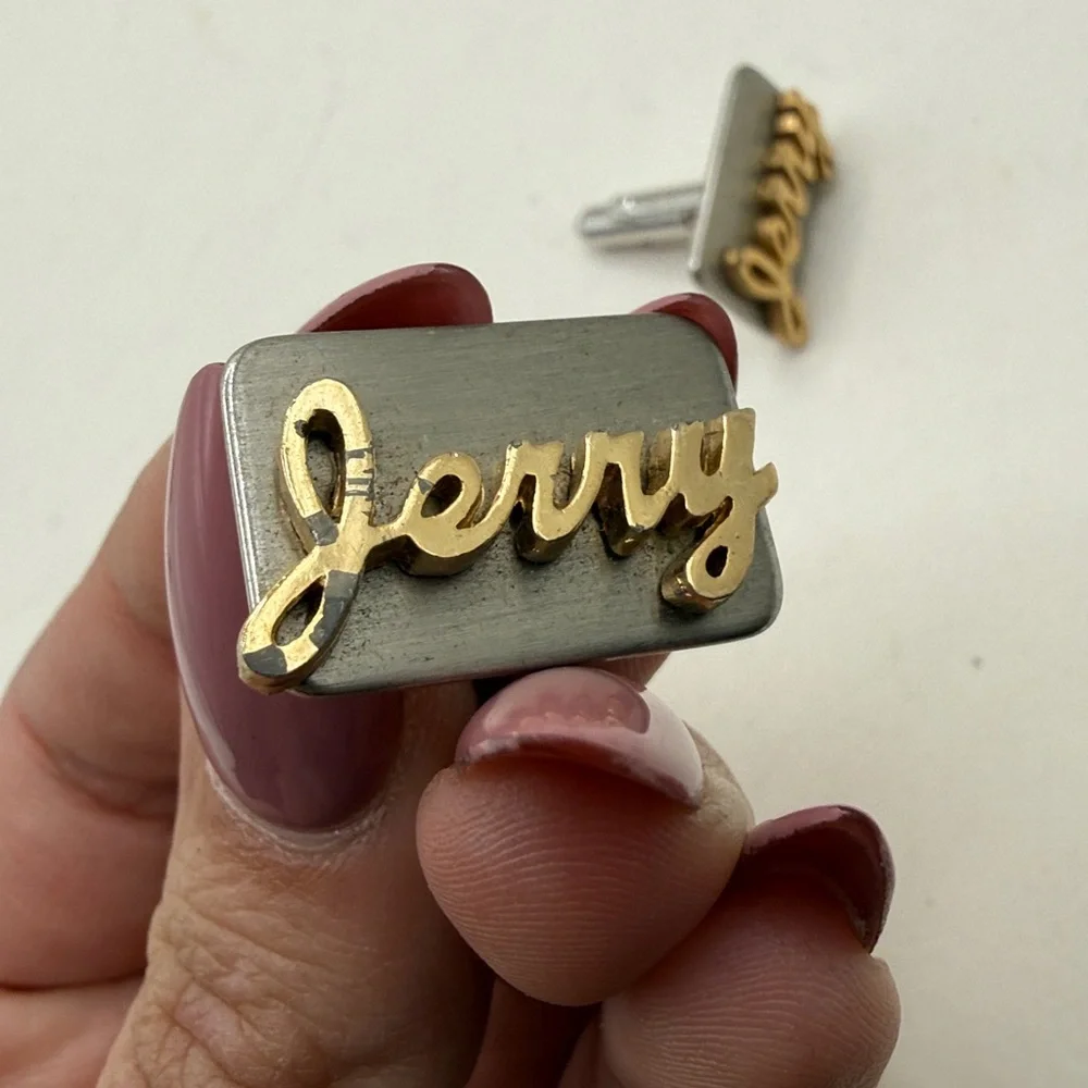 Vintage Hickok Jerry Script Cufflinks Cuff Links Silver Tone Gold Name